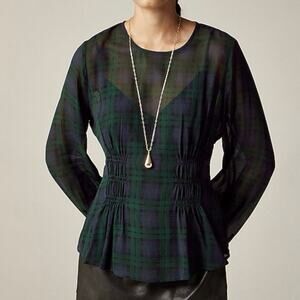 J.Crew Chiffon Shirred Waist Top Black Watch Tartan Preppy Plaid Size 2 NWT